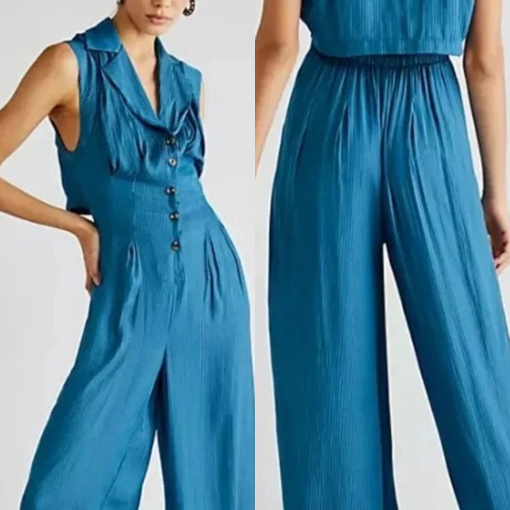 Free People Shasta Jumpsuit S Blue Wide‎ Leg Silky One Piece Stripe Jewel Tone